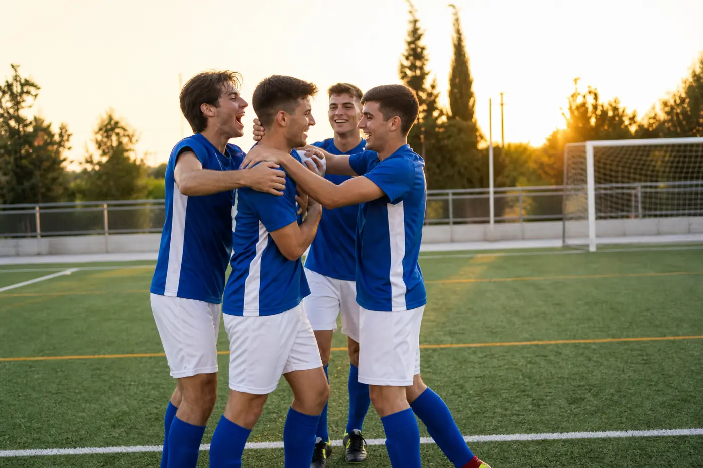 Equipo amateur celebrando un gol en una cancha de fútbol