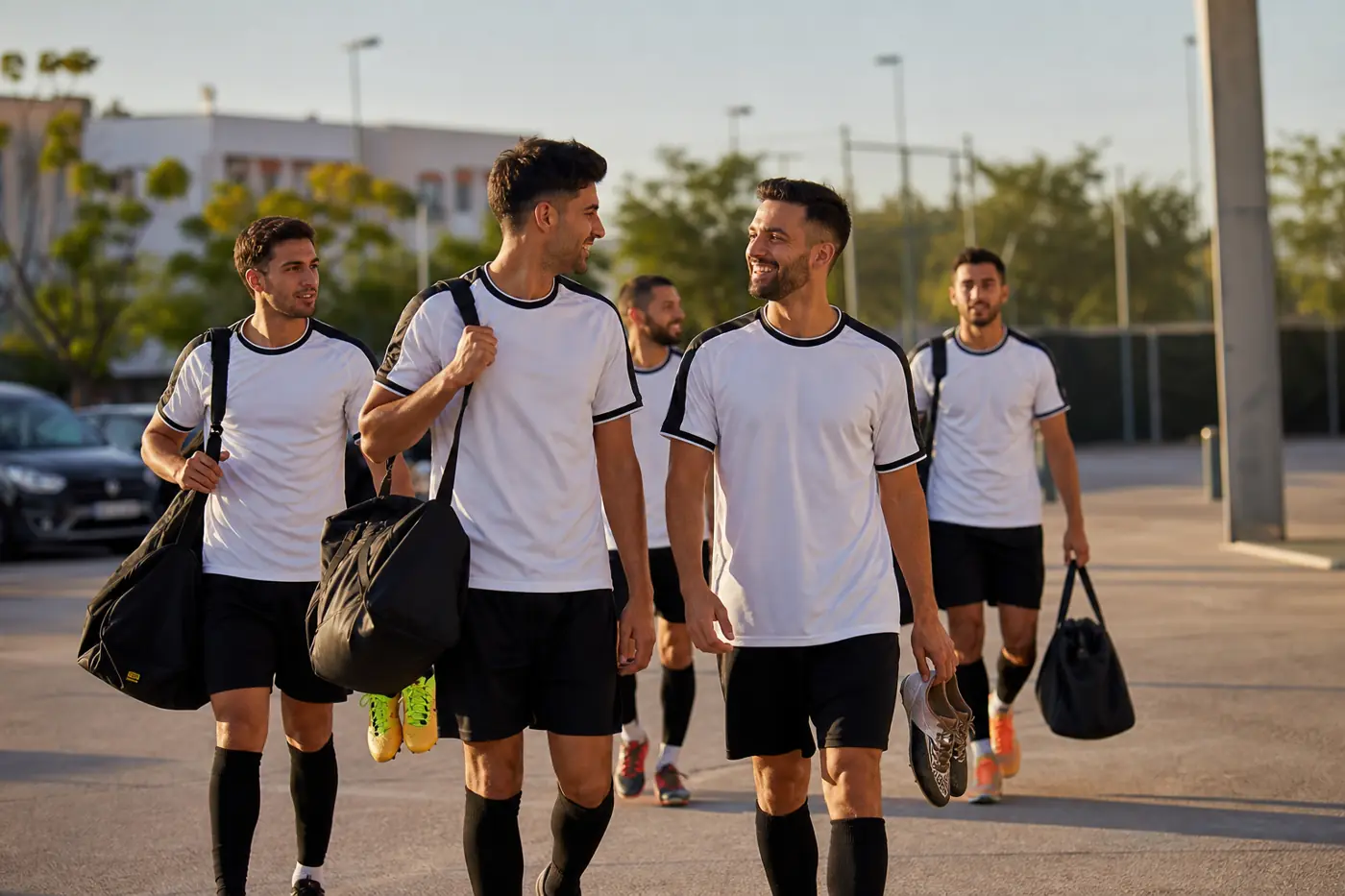 Equipo amateur llegando a una instalación deportiva