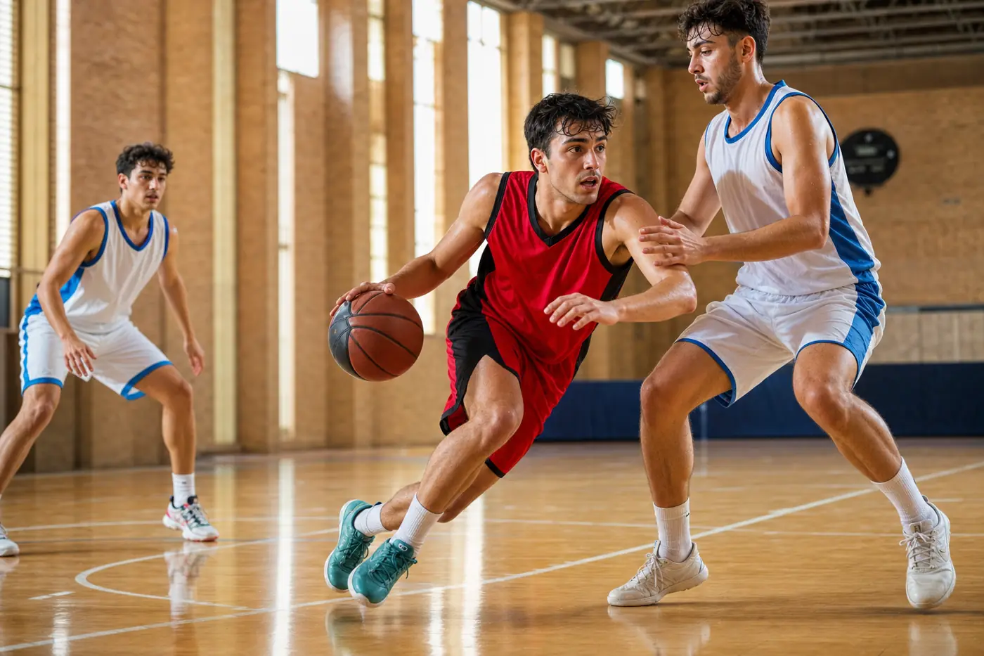 Partido amateur en cancha de baloncesto indoor