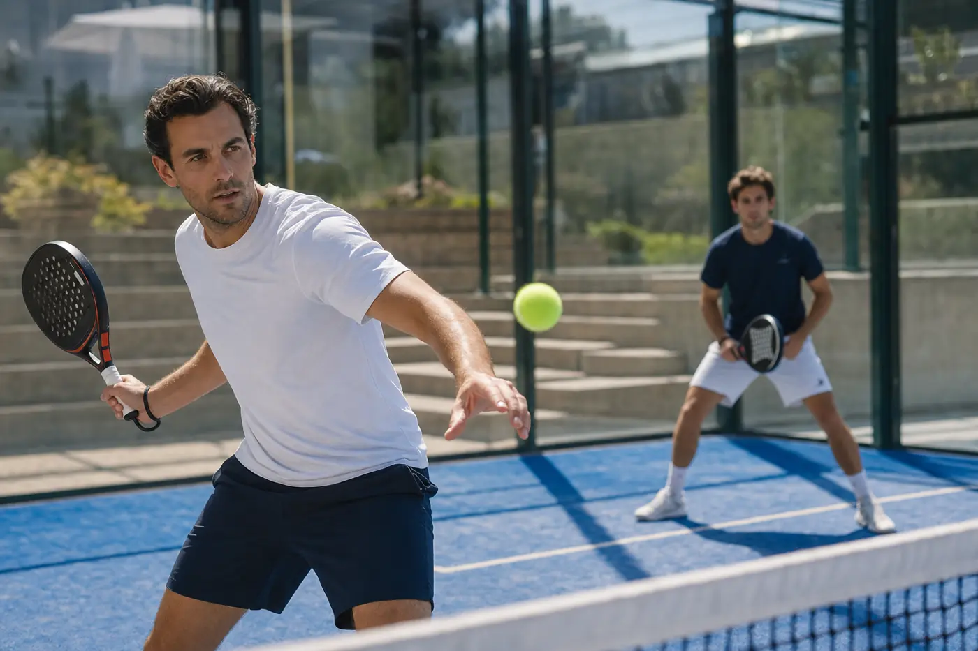 Jugadores amateurs en una pista de pádel